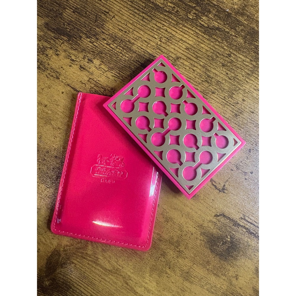 Coach Compact Mirror Pink Patent Leather Sleeve Silver Logo Cutout Small Classic